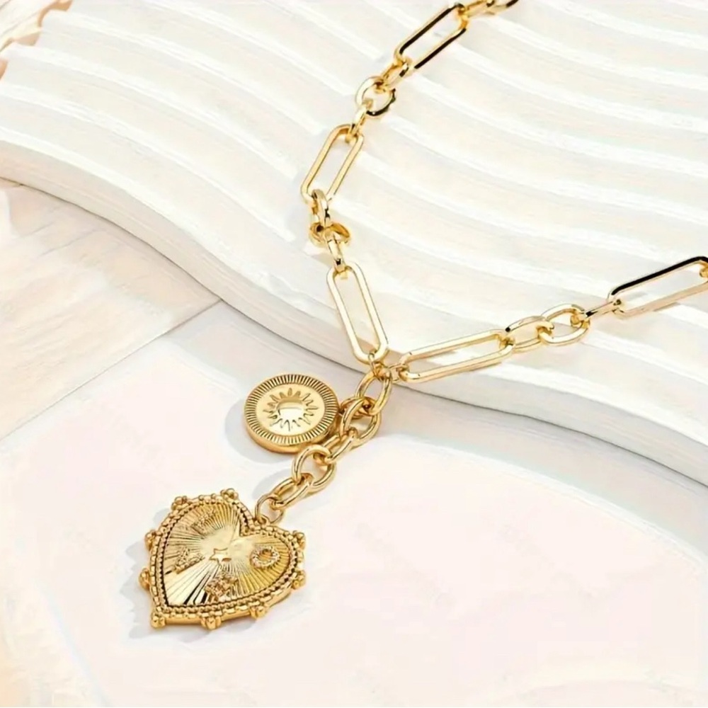 14k gold plated boho necklace Heart & Sun Pendant charms layered look jewelry